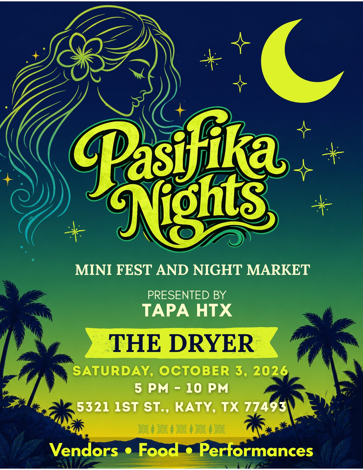 Pasifika Nights — mini fest and night market poster, presented by TAPA HTX
